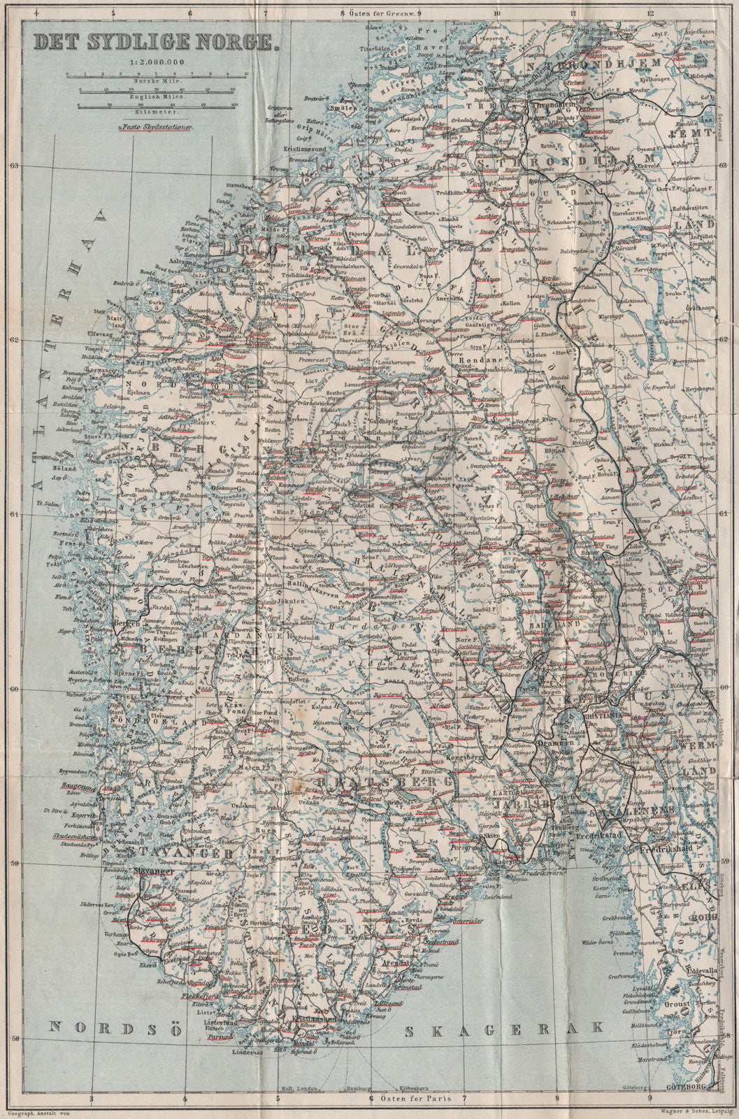SOUTHERN NORWAY. Det Sydlige Norge kart. BAEDEKER 1885 old antique map chart
